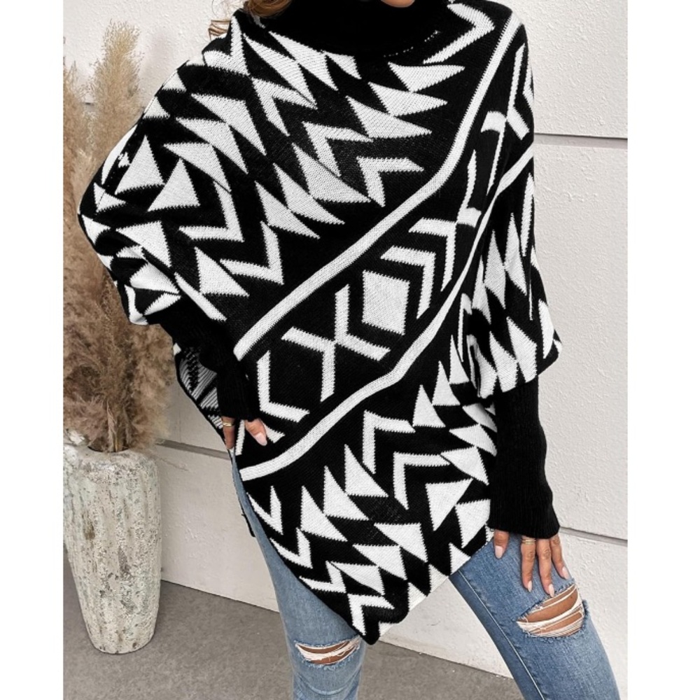 🌹🆕 Turtleneck sweater shawl poncho Black and White Geometric Sweater small - Picture 6 of 7